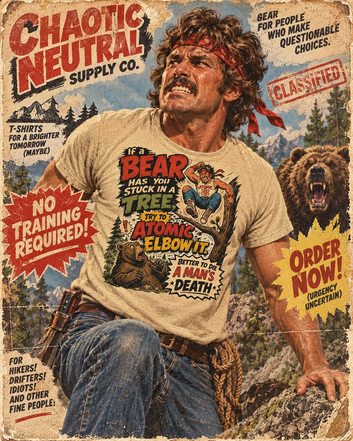 Pulp catalog page: bandana-wearing model braced on a rock in the atomic elbow tee while a grizzly closes from the treeline