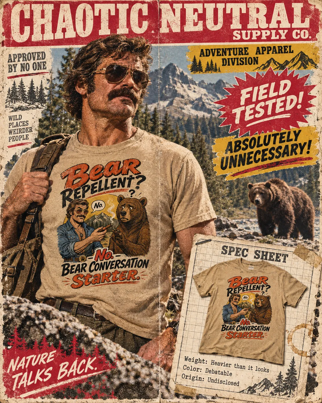 Sand t-shirt reading “Bear repellent? No. Bear conversation starter.” on a 1977 catalog page with a model in aviators, a grizzly on the ridge, and an inset spec sheet