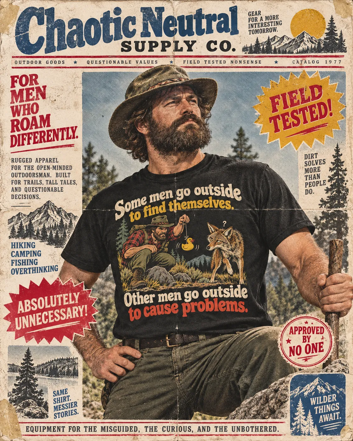 Pulp catalog page: bearded model in a bucket hat seated on a ridge in the cause problems tee, field tested starburst at upper right