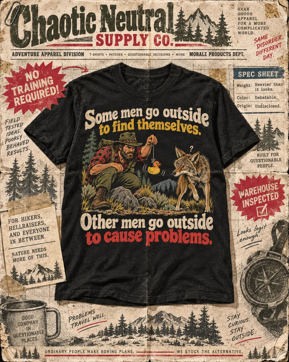 Black t-shirt reading “Some men go outside to find themselves. Other men go outside to cause problems.” on a spec sheet, printed with a hiker dangling a rubber duck in front of a puzzled coyote