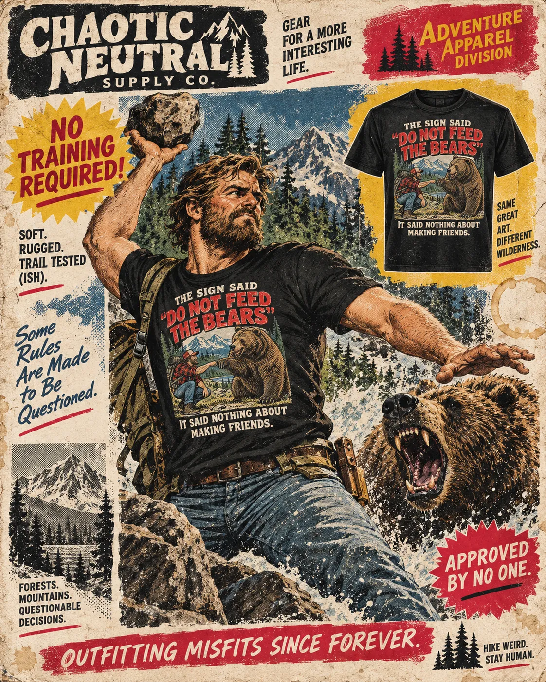 Pulp catalog page: hiker in the bears tee hoisting a boulder while a grizzly roars behind him, inset flat shot at upper right