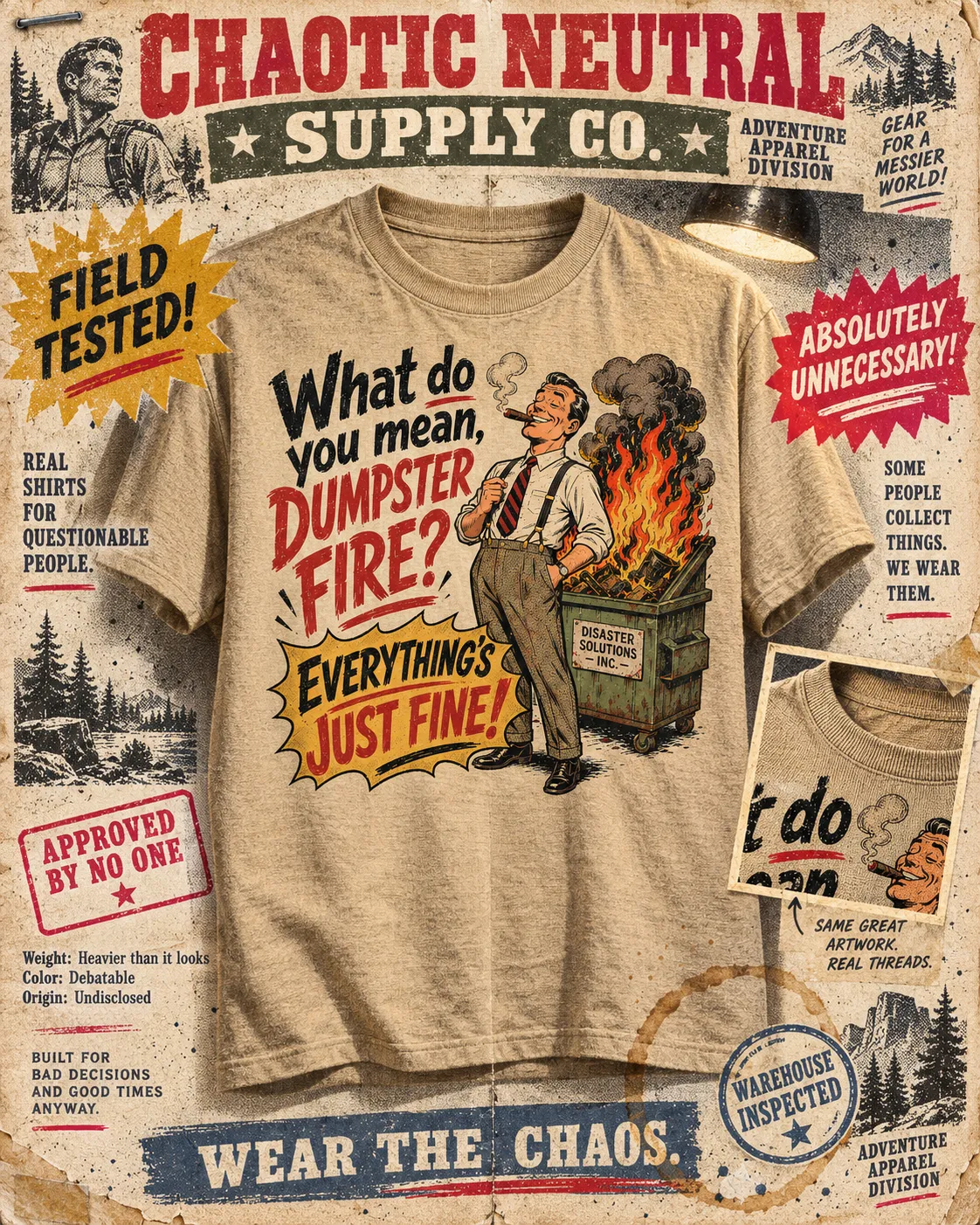 Oatmeal t-shirt reading “What do you mean, dumpster fire? Everything’s just fine!” on an Adventure Apparel Division page, printed with a grinning man smoking a cigar beside a burning dumpster marked Disaster Solutions Inc.