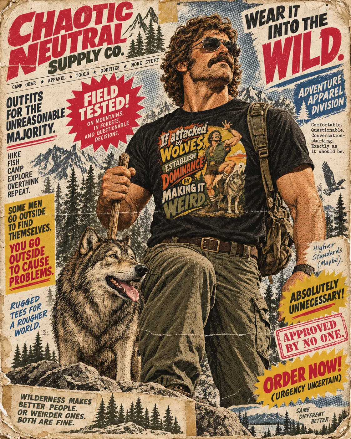 Pulp catalog page: model in sunglasses standing on a ridge in the wolves tee, a wolf seated calmly at his side
