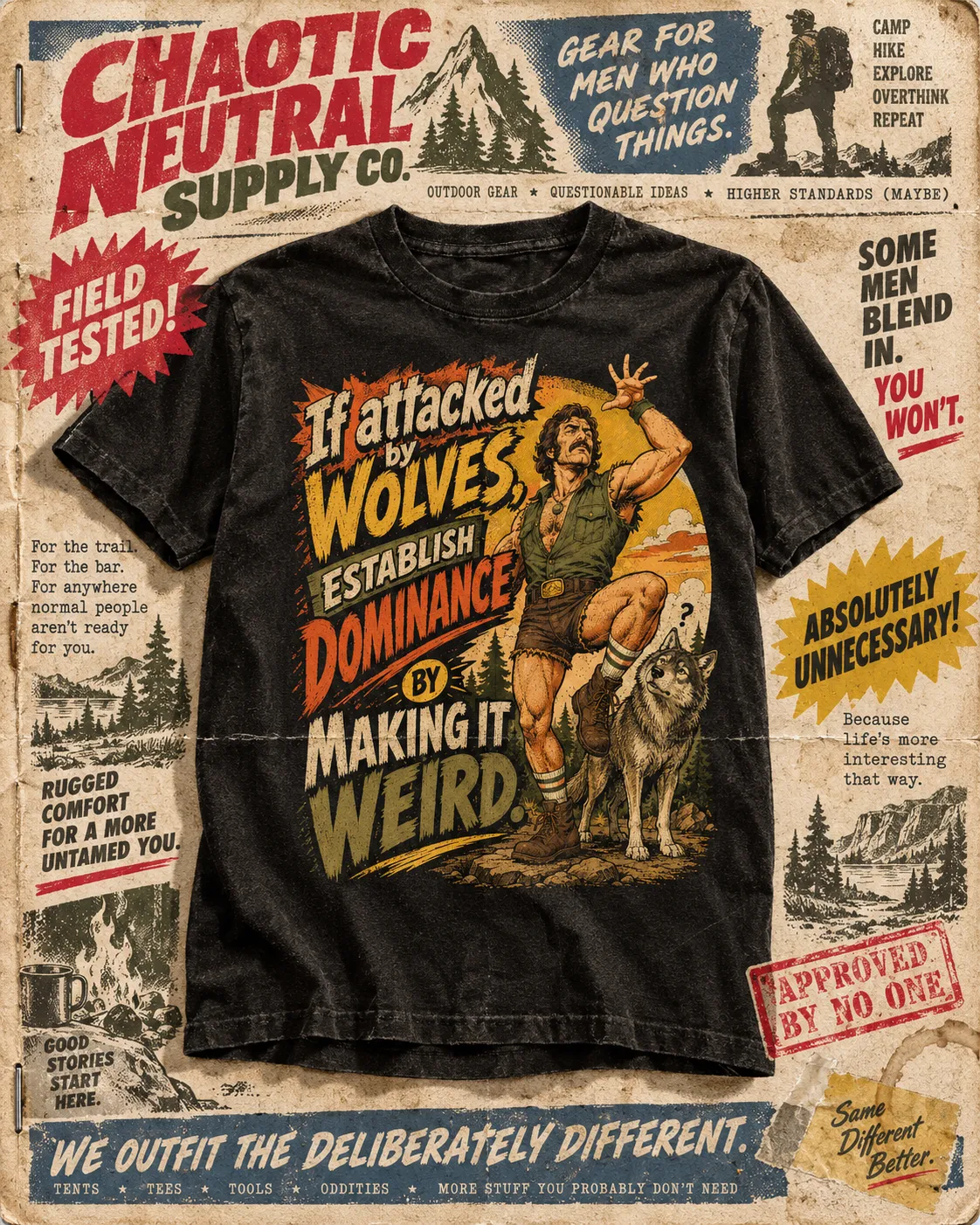 Black t-shirt reading “If attacked by wolves, establish dominance by making it weird” on a 1977 catalog page with a field-tested starburst