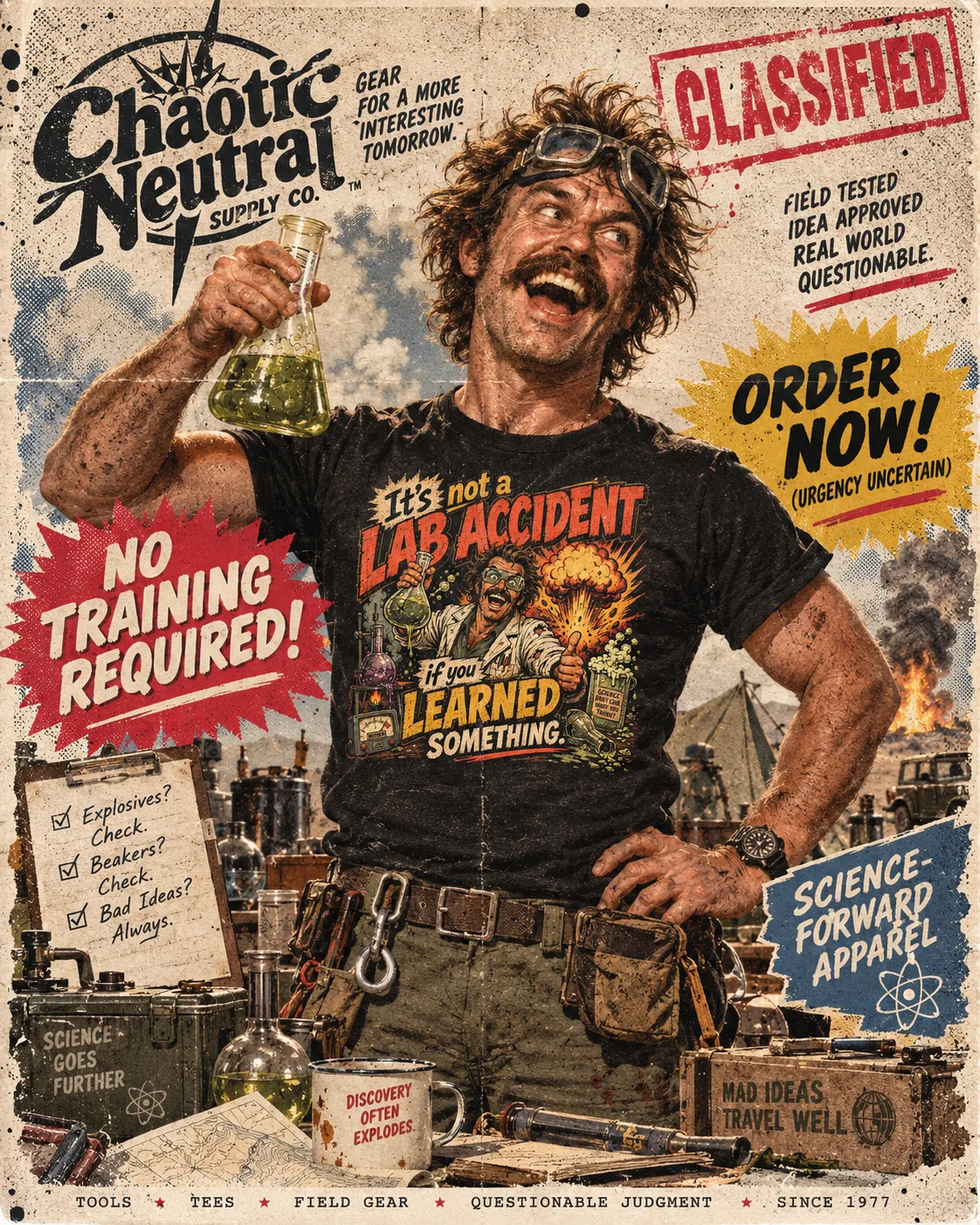 Pulp catalog page: goggled model raising a flask of green liquid in the lab accident tee, camp burning in the background