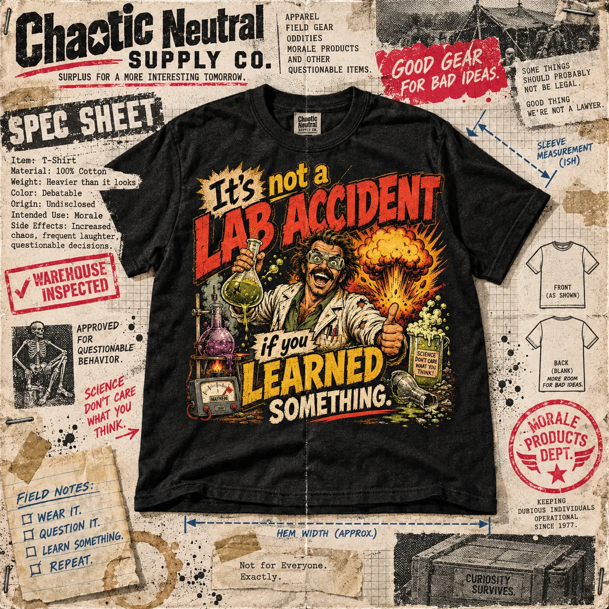 Charcoal t-shirt reading “It’s not a lab accident if you learned something” on a Chaotic Neutral spec sheet stamped warehouse inspected