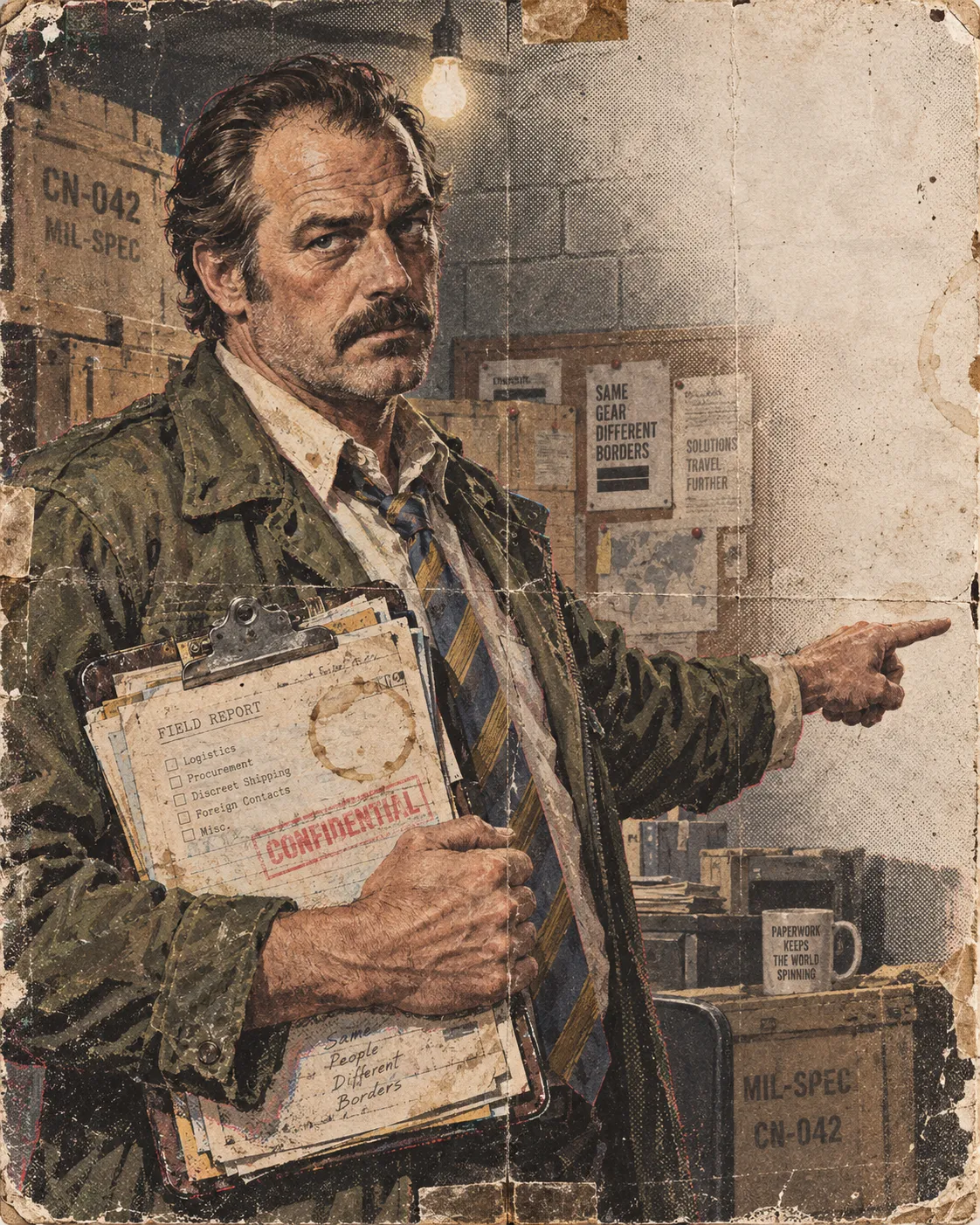 Painted portrait of Rutherford P. Dill in a warehouse office, clutching a clipboard marked FIELD REPORT and pointing off-frame