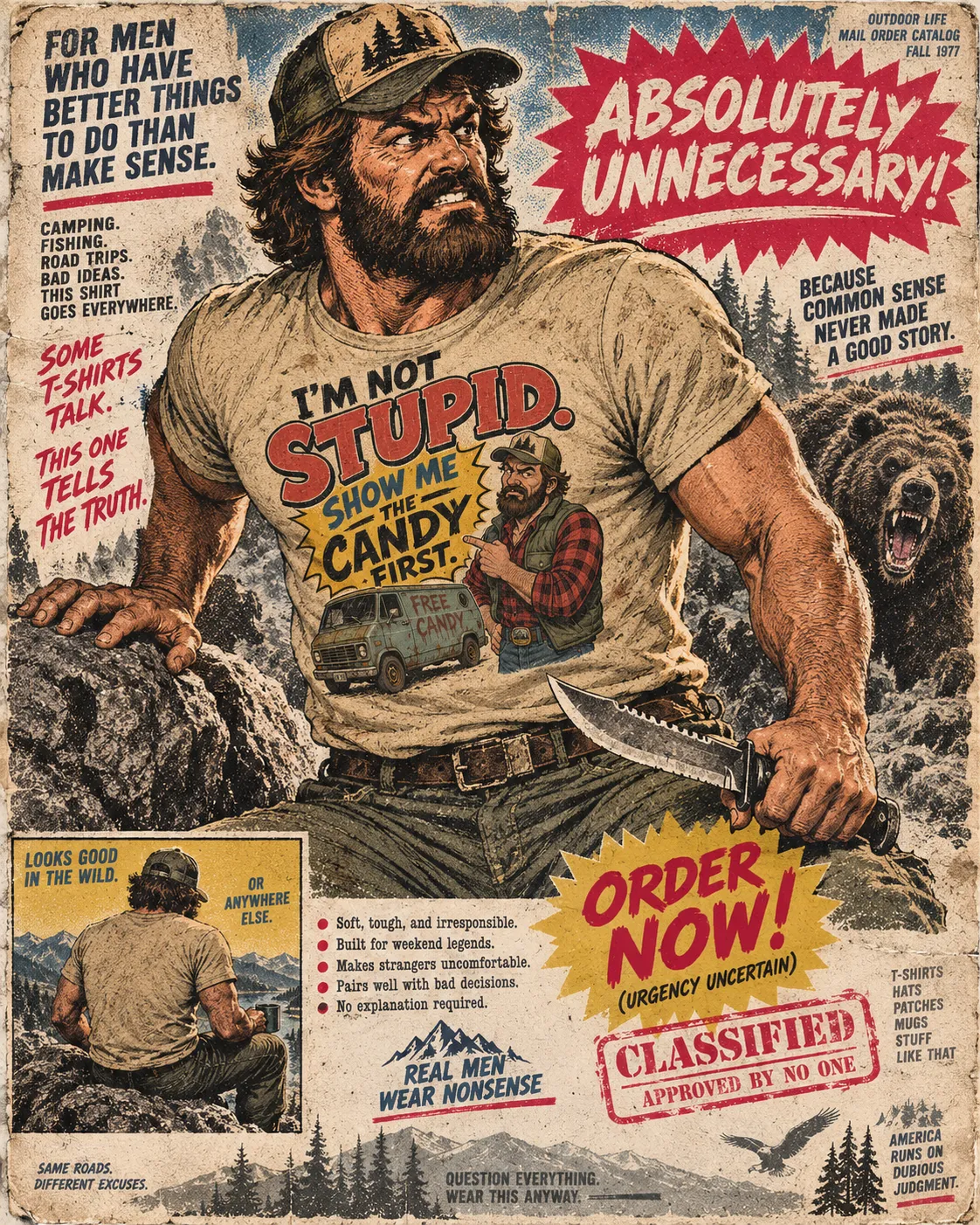 Pulp catalog page: bearded model with a bowie knife wearing the candy tee, grizzly behind him and an Absolutely Unnecessary starburst