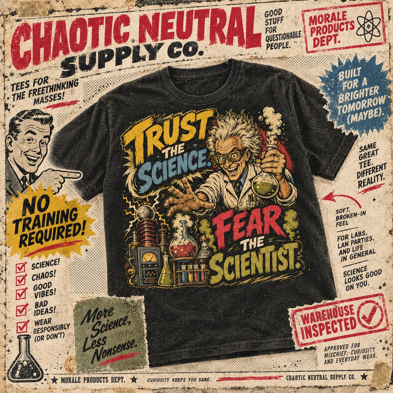 Black t-shirt reading “Trust the science. Fear the scientist.” on a Morale Products Dept. catalog page with a checklist and inspection stamp