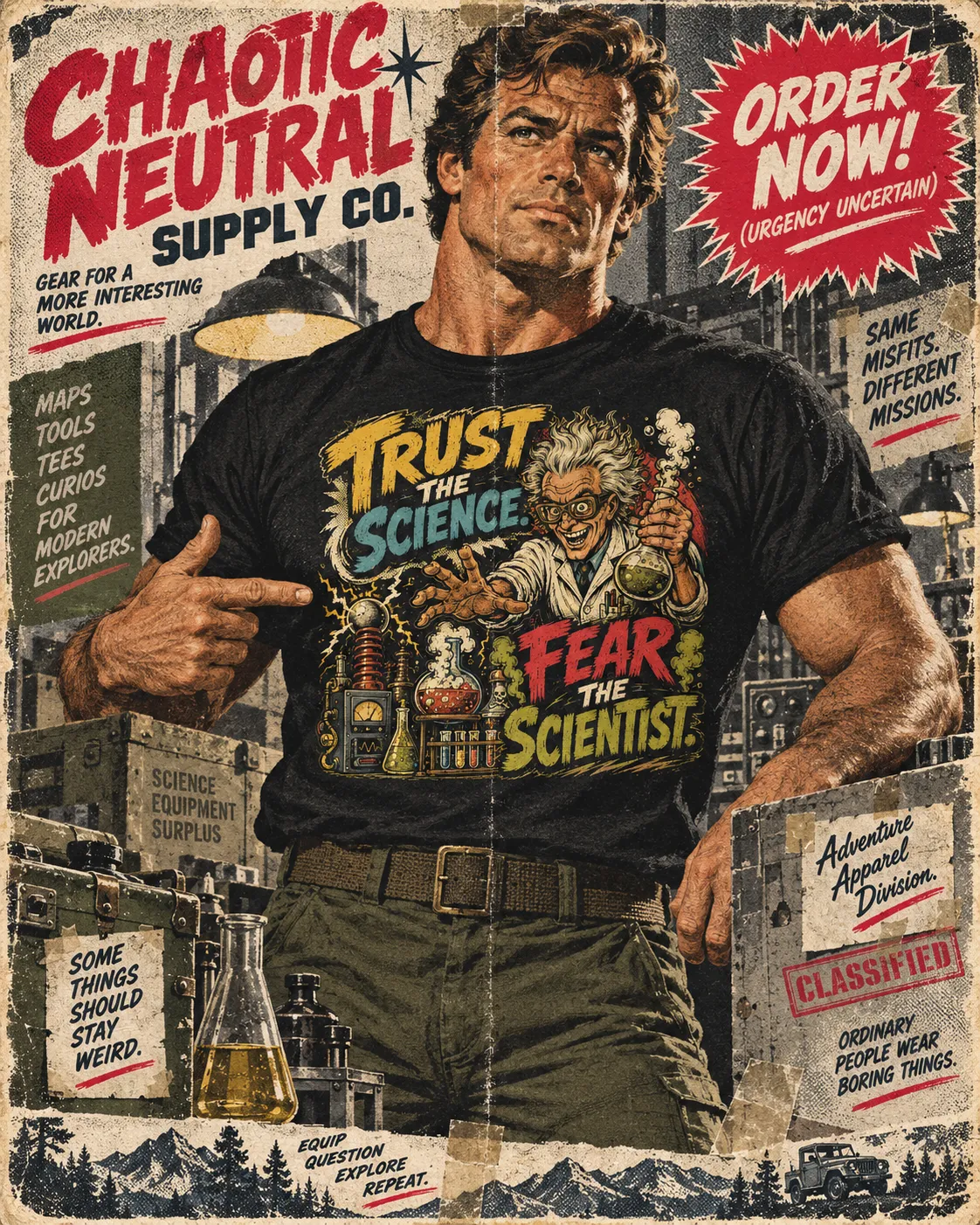 Pulp catalog page: model pointing at the science tee on his chest in front of a factory skyline and surplus crates