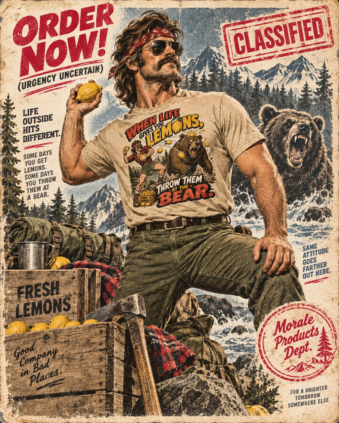 Pulp catalog page: bandana-and-aviators model winding up with a lemon beside a crate marked Fresh Lemons, grizzly in the rapids behind
