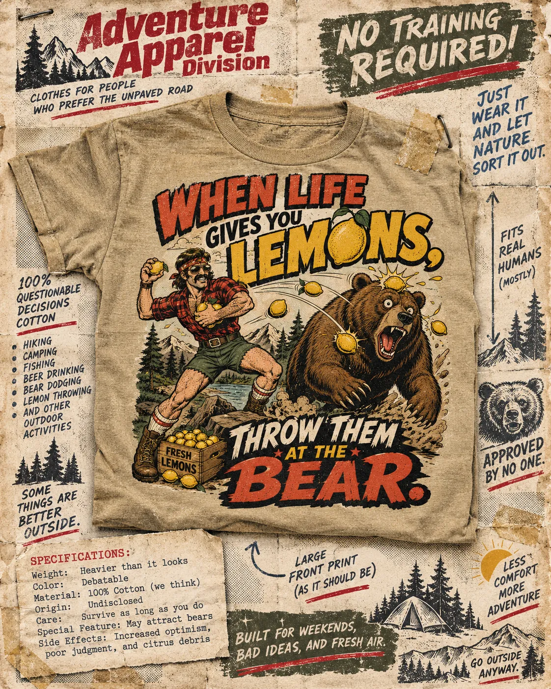 Oatmeal t-shirt reading “When life gives you lemons, throw them at the bear” on an Adventure Apparel Division sheet with specifications